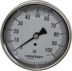 Ashcroft - 3-1/2" Dial, 1/4 Thread, 0-100 Scale Range, Pressure Gauge - Center Back Connection Mount, Accurate to 1% of Scale - USA Tool & Supply
