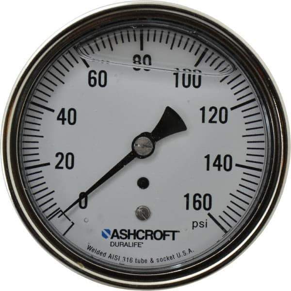 Ashcroft - 3-1/2" Dial, 1/4 Thread, 0-160 Scale Range, Pressure Gauge - Center Back Connection Mount, Accurate to 1% of Scale - USA Tool & Supply