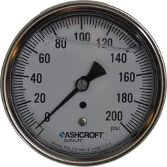 Ashcroft - 3-1/2" Dial, 1/4 Thread, 0-200 Scale Range, Pressure Gauge - Center Back Connection Mount, Accurate to 1% of Scale - USA Tool & Supply
