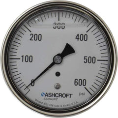 Ashcroft - 3-1/2" Dial, 1/4 Thread, 0-600 Scale Range, Pressure Gauge - Center Back Connection Mount, Accurate to 1% of Scale - USA Tool & Supply