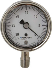 Ashcroft - 2-1/2" Dial, 1/4 Thread, 30-0 Scale Range, Pressure Gauge - Lower Connection Mount, Accurate to 1% of Scale - USA Tool & Supply