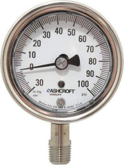 Ashcroft - 2-1/2" Dial, 1/4 Thread, 30-0-100 Scale Range, Pressure Gauge - Lower Connection Mount, Accurate to 1% of Scale - USA Tool & Supply
