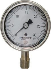 Ashcroft - 2-1/2" Dial, 1/4 Thread, 0-30 Scale Range, Pressure Gauge - Lower Connection Mount, Accurate to 1% of Scale - USA Tool & Supply