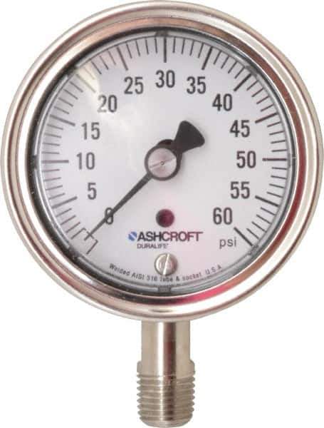 Ashcroft - 2-1/2" Dial, 1/4 Thread, 0-60 Scale Range, Pressure Gauge - Lower Connection Mount, Accurate to 1% of Scale - USA Tool & Supply