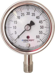Ashcroft - 2-1/2" Dial, 1/4 Thread, 0-60 Scale Range, Pressure Gauge - Lower Connection Mount, Accurate to 1% of Scale - USA Tool & Supply