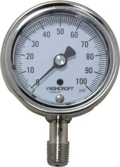 Ashcroft - 2-1/2" Dial, 1/4 Thread, 0-100 Scale Range, Pressure Gauge - Lower Connection Mount, Accurate to 1% of Scale - USA Tool & Supply