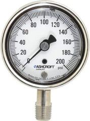 Ashcroft - 2-1/2" Dial, 1/4 Thread, 0-200 Scale Range, Pressure Gauge - Lower Connection Mount, Accurate to 1% of Scale - USA Tool & Supply