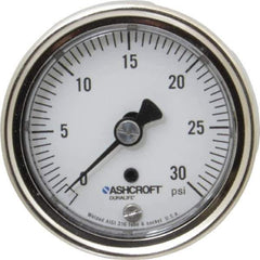 Ashcroft - 2-1/2" Dial, 1/4 Thread, 0-30 Scale Range, Pressure Gauge - Center Back Connection Mount, Accurate to 1% of Scale - USA Tool & Supply
