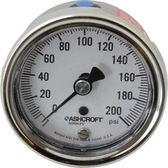 Ashcroft - 2-1/2" Dial, 1/4 Thread, 0-200 Scale Range, Pressure Gauge - Lower Back Connection Mount, Accurate to 1% of Scale - USA Tool & Supply
