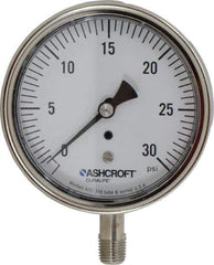Ashcroft - 3-1/2" Dial, 1/4 Thread, 0-30 Scale Range, Pressure Gauge - Lower Connection Mount, Accurate to 1% of Scale - USA Tool & Supply