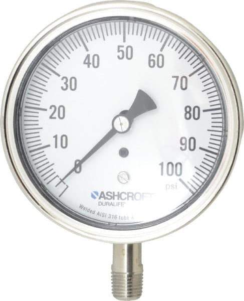 Ashcroft - 3-1/2" Dial, 1/4 Thread, 0-100 Scale Range, Pressure Gauge - Lower Connection Mount, Accurate to 1% of Scale - USA Tool & Supply