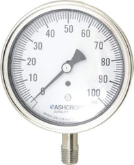 Ashcroft - 3-1/2" Dial, 1/4 Thread, 0-100 Scale Range, Pressure Gauge - Lower Connection Mount, Accurate to 1% of Scale - USA Tool & Supply