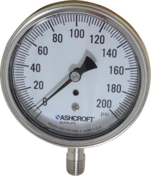 Ashcroft - 3-1/2" Dial, 1/4 Thread, 0-200 Scale Range, Pressure Gauge - Lower Connection Mount, Accurate to 1% of Scale - USA Tool & Supply