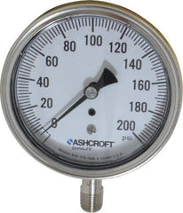 Ashcroft - 3-1/2" Dial, 1/4 Thread, 0-200 Scale Range, Pressure Gauge - Lower Connection Mount, Accurate to 1% of Scale - USA Tool & Supply