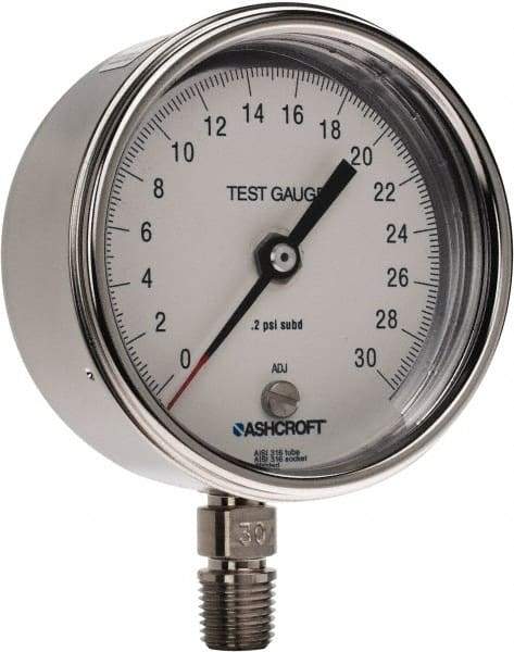 Ashcroft - 3" Dial, 1/4 Thread, 0-30 Scale Range, Pressure Gauge - Lower Connection Mount, Accurate to 0.5% of Scale - USA Tool & Supply