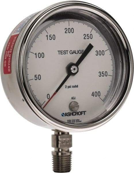 Ashcroft - 3" Dial, 1/4 Thread, 0-400 Scale Range, Pressure Gauge - Lower Connection Mount, Accurate to 0.5% of Scale - USA Tool & Supply