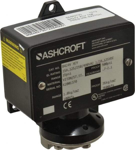 Ashcroft - 3 to 15 psi Adjustable Range, 500 Max psi, Watertight Single Setpoint - 1/4 Thread - USA Tool & Supply