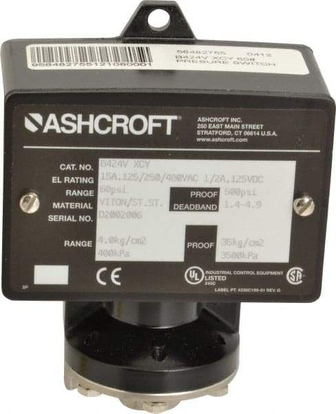 Ashcroft - 9 to 60 psi Adjustable Range, 500 Max psi, Watertight Single Setpoint - 1/4 Thread - USA Tool & Supply