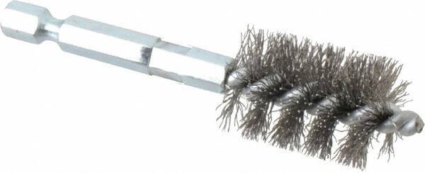 Schaefer Brush - 5/8 Inch Inside Diameter, 13/16 Inch Actual Brush Diameter, Carbon Steel, Power Fitting and Cleaning Brush - 1/4 Shank Diameter, 3-1/8 Inch Long, Hex Shaft Stem, 3/4 Inch Refrigeration Outside Diameter - USA Tool & Supply