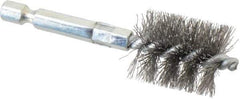 Schaefer Brush - 3/4 Inch Inside Diameter, 15/16 Inch Actual Brush Diameter, Carbon Steel, Power Fitting and Cleaning Brush - 1/4 Shank Diameter, 3-1/8 Inch Long, Hex Shaft Stem, 7/8 Inch Refrigeration Outside Diameter - USA Tool & Supply