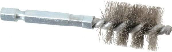 Schaefer Brush - 5/8 Inch Inside Diameter, 13/16 Inch Actual Brush Diameter, Stainless Steel, Power Fitting and Cleaning Brush - 1/4 Shank Diameter, 3-1/8 Inch Long, Hex Shaft Stem, 3/4 Inch Refrigeration Outside Diameter - USA Tool & Supply