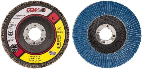 Camel Grinding Wheels - 40 Grit, 4-1/2" Disc Diam, 7/8" Center Hole, Type 27 Zirconia Alumina Flap Disc - 13,300 Max RPM, Polyester Backing, Arbor Attaching System, Coated - USA Tool & Supply