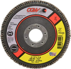 Camel Grinding Wheels - 60 Grit, 4-1/2" Disc Diam, 7/8" Center Hole, Type 27 Zirconia Alumina Flap Disc - 13,300 Max RPM, Polyester Backing, Arbor Attaching System, Coated - USA Tool & Supply
