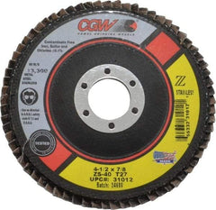 Camel Grinding Wheels - 40 Grit, 4-1/2" Disc Diam, 7/8" Center Hole, Type 27 Zirconia Alumina Flap Disc - 13,300 Max RPM, Polyester Backing, Arbor Attaching System, Coated - USA Tool & Supply