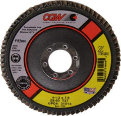 Camel Grinding Wheels - 60 Grit, 4-1/2" Disc Diam, 7/8" Center Hole, Type 27 Zirconia Alumina Flap Disc - 13,300 Max RPM, Polyester Backing, Arbor Attaching System, Coated - USA Tool & Supply