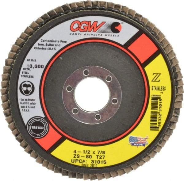 Camel Grinding Wheels - 80 Grit, 4-1/2" Disc Diam, 7/8" Center Hole, Type 27 Zirconia Alumina Flap Disc - 13,300 Max RPM, Polyester Backing, Arbor Attaching System, Coated - USA Tool & Supply