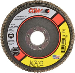Camel Grinding Wheels - 80 Grit, 4-1/2" Disc Diam, 7/8" Center Hole, Type 27 Zirconia Alumina Flap Disc - 13,300 Max RPM, Polyester Backing, Arbor Attaching System, Coated - USA Tool & Supply