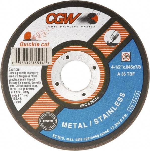 Camel Grinding Wheels - 7" 36 Grit Aluminum Oxide Cutoff Wheel - 1/16" Thick, 7/8" Arbor, 8,500 Max RPM - USA Tool & Supply