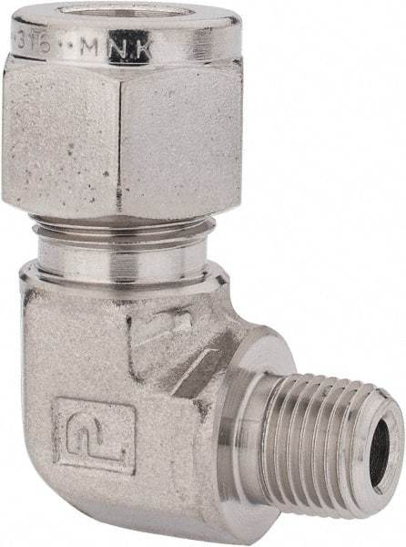 Parker - 3/8" OD, Stainless Steel Male Elbow - -425 to 1,200°F, 5/8" Hex, Comp x MNPT Ends - USA Tool & Supply