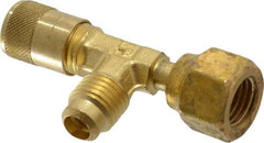 Parker - 500 Max psi, 1/4 Tube OD, Forged Flared Female Run Swivel Tee with Depressor Access Valve - Brass - USA Tool & Supply