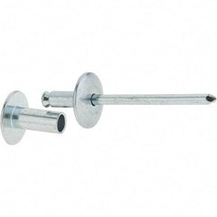 RivetKing - Size 8-12 Dome Head Steel Flush on Both Sides Blind Rivet - Steel Mandrel, 5/8" to 3/4" Grip, 5/8" Head Diam, 0.255" Min Hole Diam, 0.58" Length Under Head, 1/4" Body Diam - USA Tool & Supply