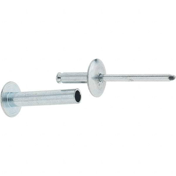 RivetKing - Size 8-26 Dome Head Steel Flush on Both Sides Blind Rivet - Steel Mandrel, 1-3/8" to 1-5/8" Grip, 5/8" Head Diam, 0.255" Min Hole Diam, 1.32" Length Under Head, 1/4" Body Diam - USA Tool & Supply