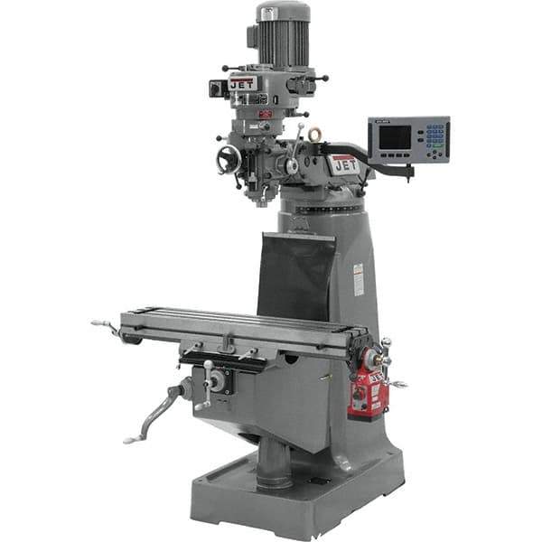 Jet - 9" Table Width x 42" Table Length, Step Pulley Control, 3 Phase Knee Milling Machine - R8 Spindle Taper, 2 hp - USA Tool & Supply