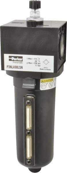 Parker - 1" NPT, 250 Max psi Heavy Duty Mist Lubricator - Metal Bowl with Sight Glass, Zinc Body, 250 CFM, 175°F Max Temp, 3.62" Wide x 11.81" High - USA Tool & Supply