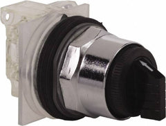 Schneider Electric - 1.18 Inch Mount Hole, 3 Position, Knob and Pushbutton Operated, Selector Switch - Black, Momentary (MO), NO/NC, Weatherproof and Dust and Oil Resistant - USA Tool & Supply