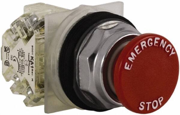 Schneider Electric - 30mm Mount Hole, Extended Straight, Pushbutton Switch with Contact Block - Red Pushbutton, Momentary (MO) - USA Tool & Supply