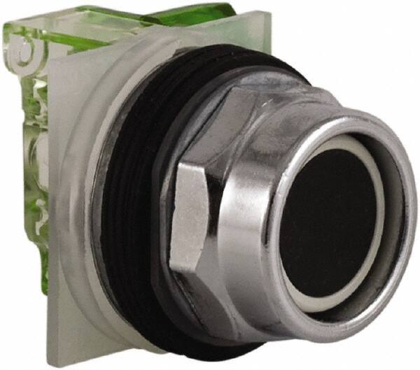Schneider Electric - 30mm Mount Hole, Extended Straight, Pushbutton Switch with Contact Block - Black Pushbutton, Momentary (MO) - USA Tool & Supply