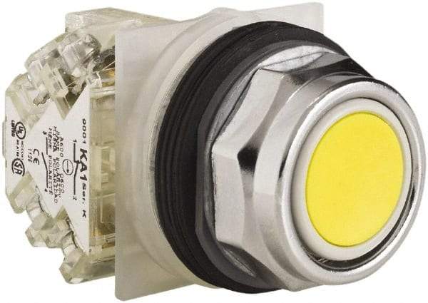 Schneider Electric - 30mm Mount Hole, Extended Straight, Pushbutton Switch with Contact Block - Yellow Pushbutton, Momentary (MO) - USA Tool & Supply