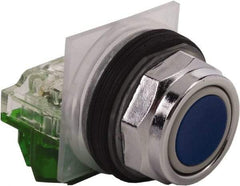 Schneider Electric - 30mm Mount Hole, Extended Straight, Pushbutton Switch with Contact Block - Blue Pushbutton, Momentary (MO) - USA Tool & Supply