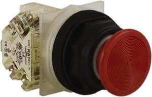 Schneider Electric - 30mm Mount Hole, Extended Straight, Pushbutton Switch with Contact Block - Red Pushbutton, Momentary (MO) - USA Tool & Supply