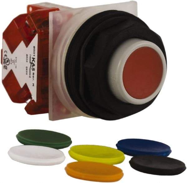 Schneider Electric - 30mm Mount Hole, Extended Straight, Pushbutton Switch with Contact Block - Multicolored Pushbutton, Momentary (MO) - USA Tool & Supply