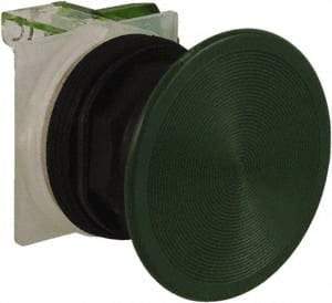 Schneider Electric - 1.22 Inch Mount Hole, Extended Mushroom Head, Pushbutton Switch with Contact Block - Round, Green Pushbutton, Nonilluminated, Momentary (MO), Anticorrosive, Dusttight, Oiltight, Watertight and Shock and Vibration Resistant - USA Tool & Supply