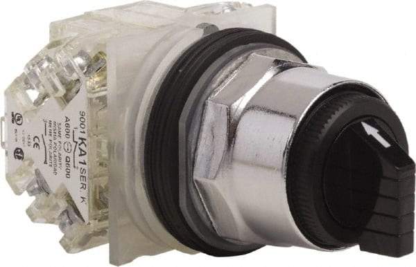 Schneider Electric - 1.18 Inch Mount Hole, 3 Position, Knob and Pushbutton Operated, Selector Switch - Black, Momentary (MO), 2NO/2NC, Weatherproof and Dust and Oil Resistant - USA Tool & Supply