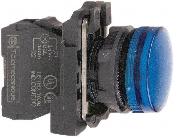 Schneider Electric - 110-120 VAC at 50/60 Hz Blue Lens LED Pilot Light - Round Lens, Screw Clamp Connector, 30mm Wide, Vibration Resistant, Water Resistant - USA Tool & Supply
