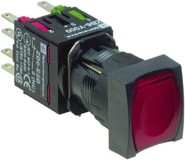 Schneider Electric - 16mm Mount Hole, Flush, Pushbutton Switch with Contact Block - Square, Red Pushbutton, Illuminated, Momentary (MO) - USA Tool & Supply