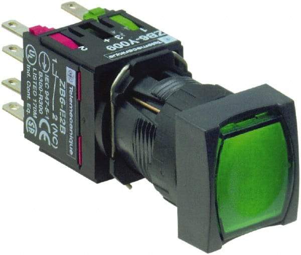 Schneider Electric - 16mm Mount Hole, Flush, Pushbutton Switch with Contact Block - Square, Green Pushbutton, Illuminated, Momentary (MO) - USA Tool & Supply